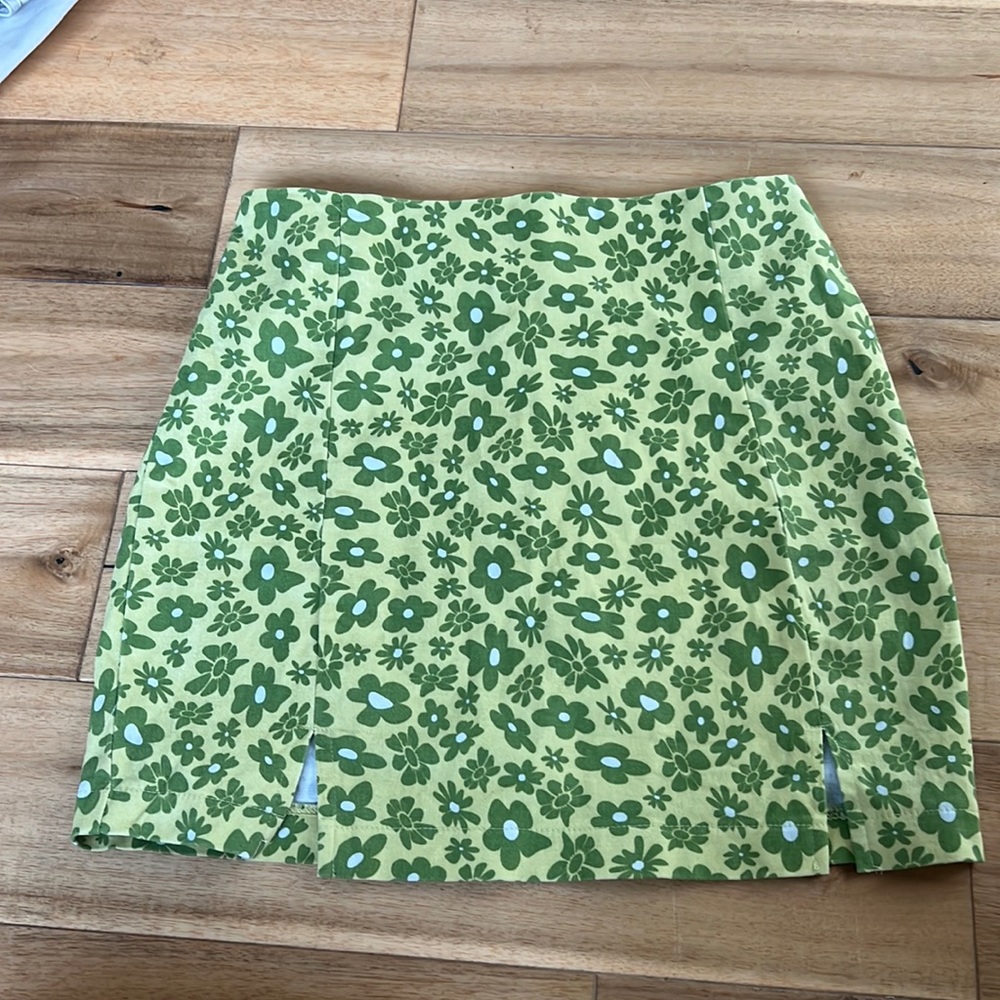 Green floral skirt.
